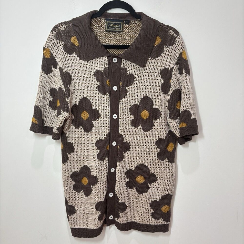 MASSIVE LUXURY Men Floral Crochet Knit Cardigan S Brown Daisy Retro Indie Boho
